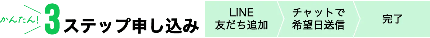 【かんたん３ステップ申込】　LINE友だち追加＞チャットで希望日送信＞完了